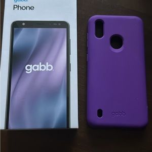 Gabb phone, purple case, and charger